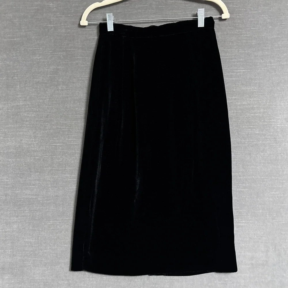 Vintage Skirt 6‎ Black Silk Velvet Pencil Straight Midi Party Cocktail 80s 90s
